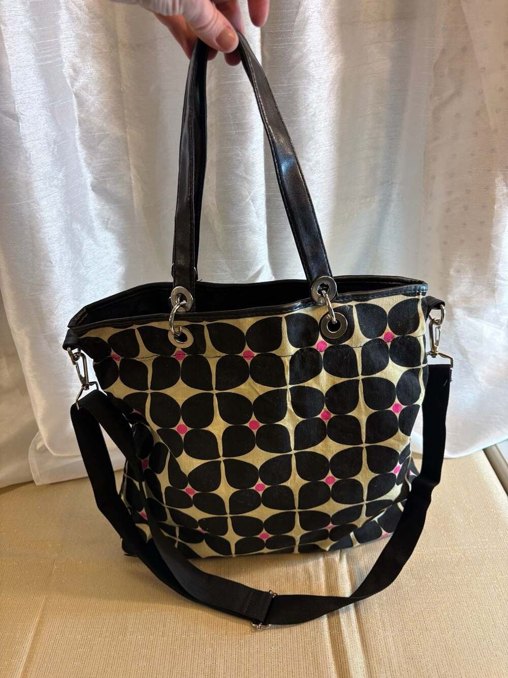 Black and Cream Stem Print Canvas Tote Bag